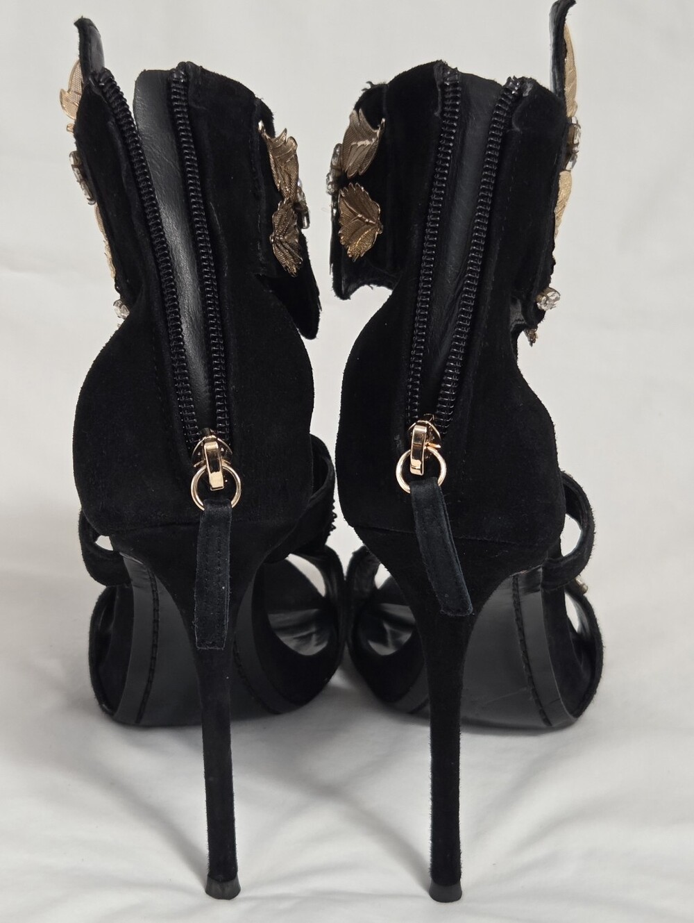 Giuseppe Zanotti Coline Black Suede Gold Leaf Stiletto Heels 39 - Picture 7 of 15